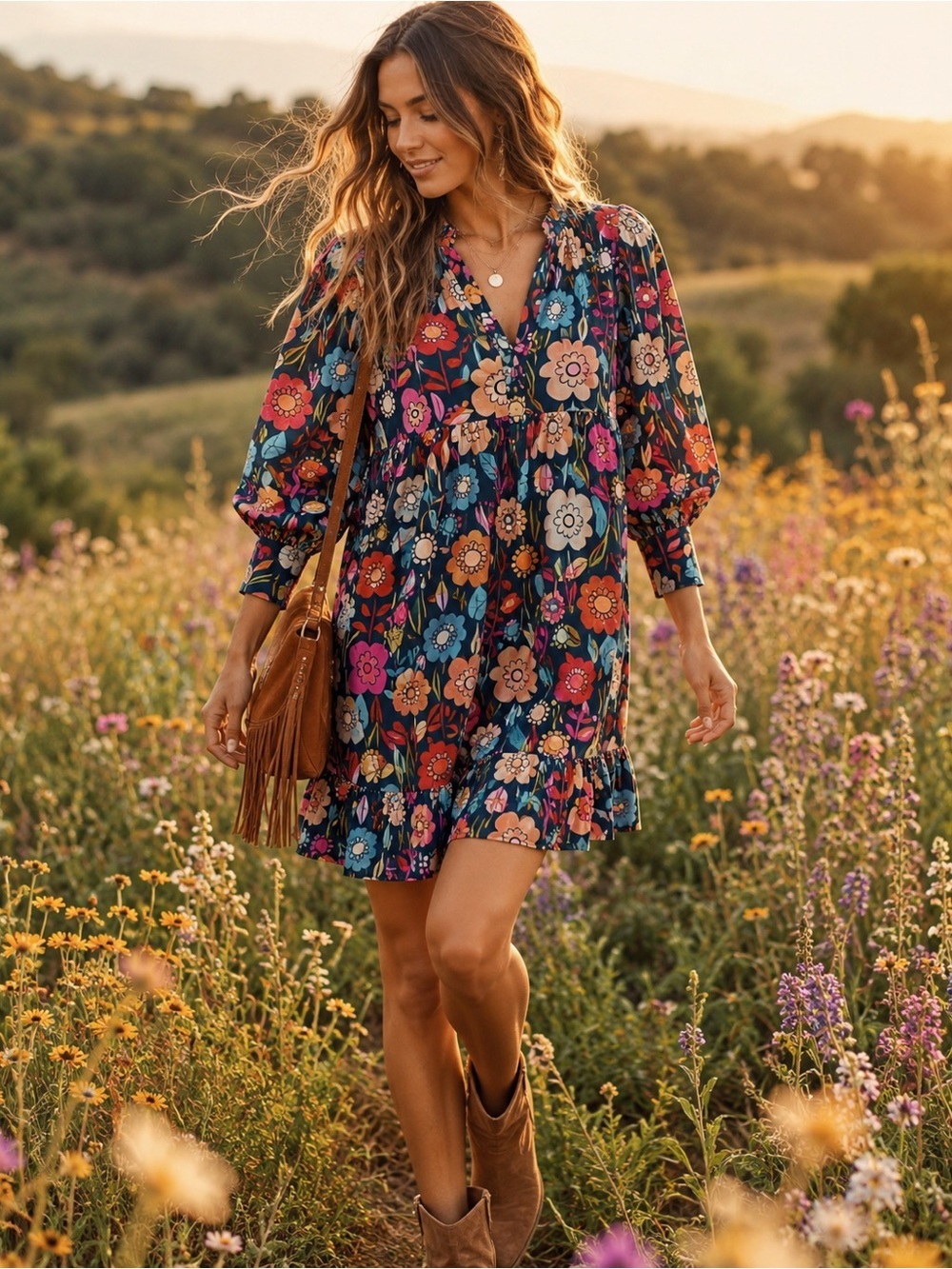 NWT! Green Floral Print Puff Sleeve Ruffled Mini Dress boho retro layered SZ S
